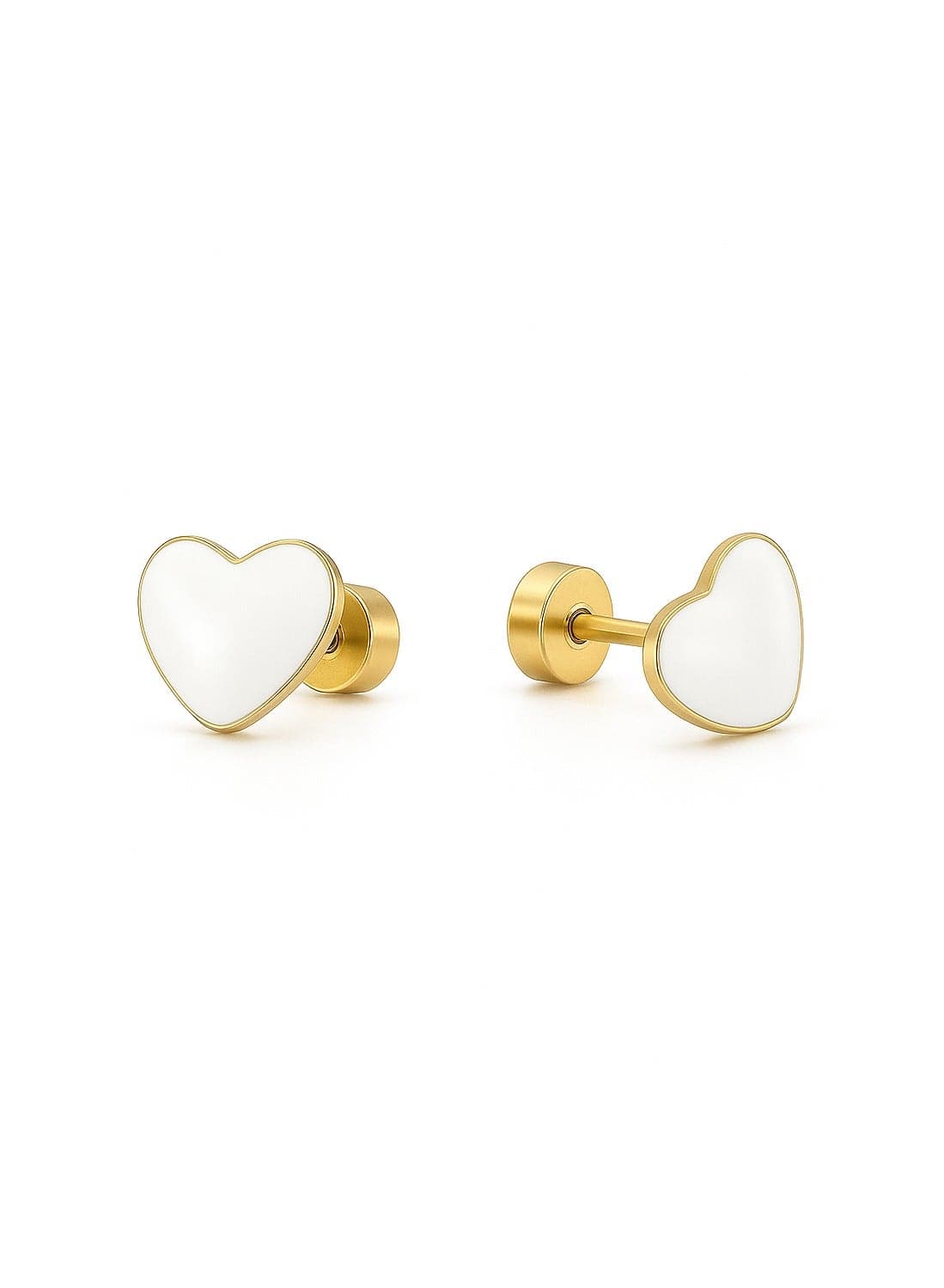 White Heart Stud Earrings For Kids, Gold Plated