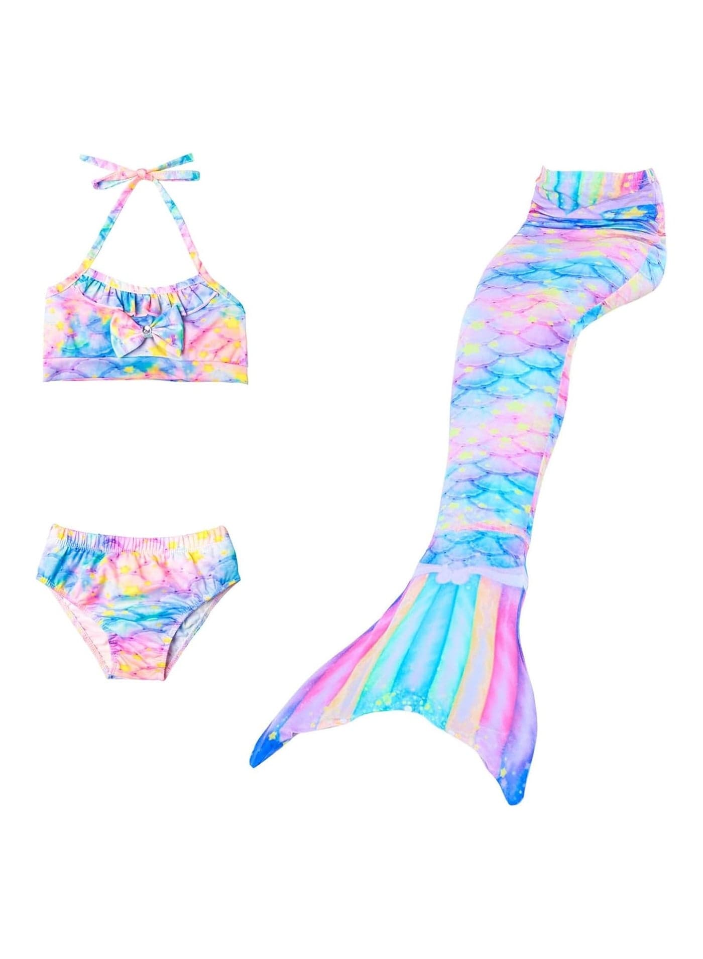 3-Piece Girls Mermaid Swimsuit Set – Ruffle Bikini, Boyshorts & Mermaid Tail Costume for Beach, Pool, Parties (No Monofin)