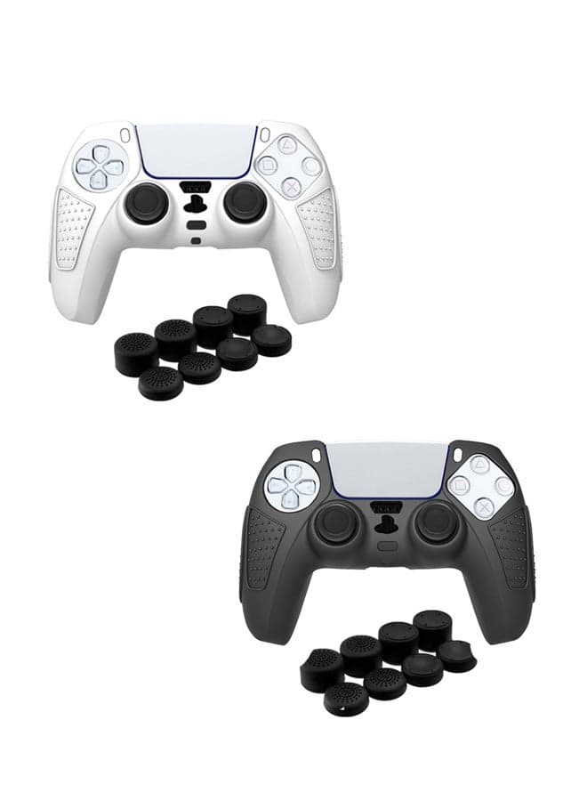 2 PACK PS5 Controller Skin Case Soft Flat Anti-Slip Silicone Protective Cover for PlayStation 5 Controller, with 16 Raised Thumb Grip Caps (Black+Clear)