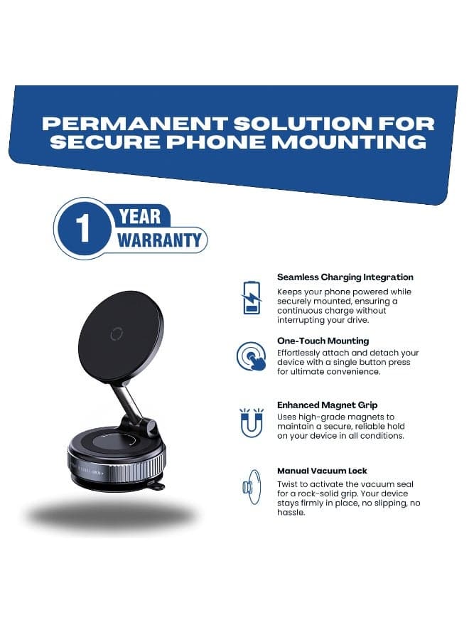NIXIVE MagGrip Orbit 360° Magnetic Car Phone Mount – Built-in Wireless Charger, Manual Vacuum Suction, 360° Full Rotation, Universal Compatibility with iPhone 17 Pro/Pro Max/Air, Galaxy S25/S24, and other Smartphones