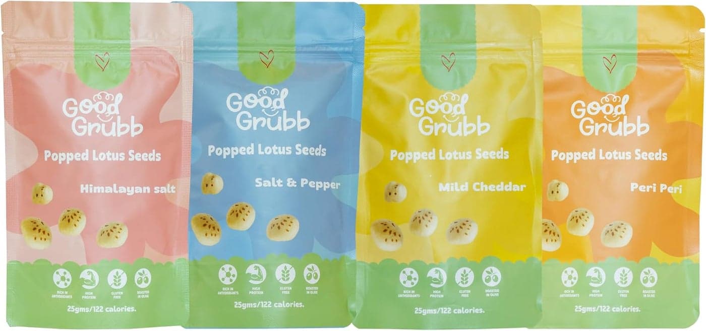 Good Grubb Popped Lotus Seeds Mixed Pack - Himalayan Salt, Salt & Pepper, Mild Cheddar, Peri Peri