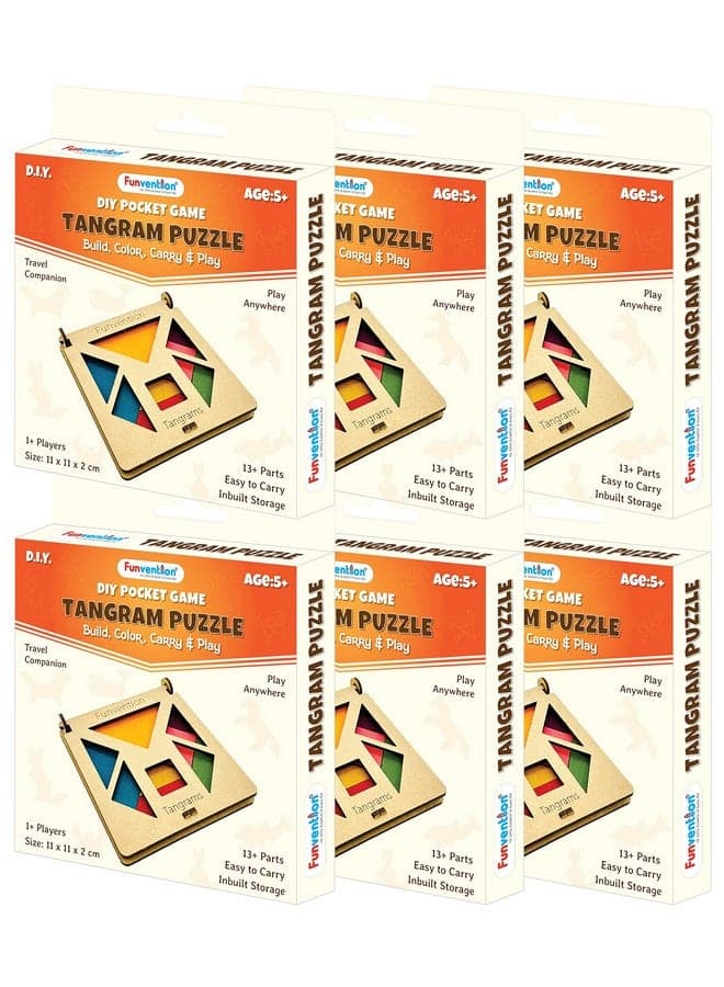 Funvention- for Little Scientist in Every Kid Funvention (Pack of 6) DIY Tangram Pocket Travel Game Birthday Return Gifts for Kids 4+ Ys, Fun Learning Educational Board Game, Party Pack