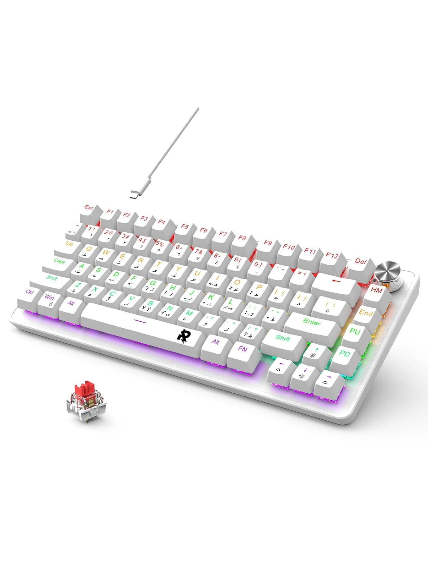 ROCK POW 70% Gaming Keyboard,Arabic English 82 Keys Mechanical Keyboard with RGB Backlit 19 Modes,Volume Lighting Knob Wired Mini PBT Keycaps for PC Gaming and Working (Red Switch) White
