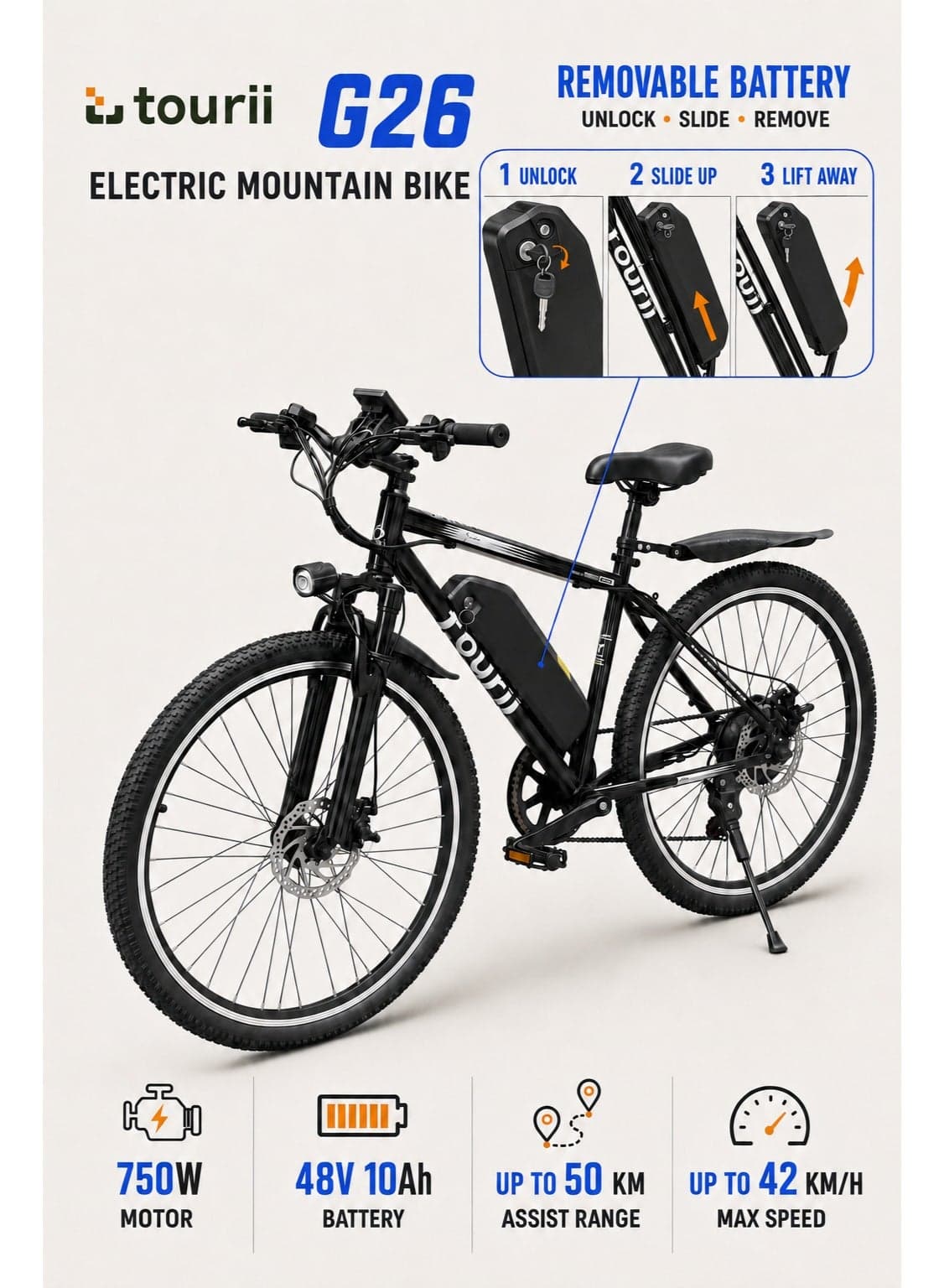Tourii G26 Electric Mountain Bike, 750W Motor, 48V 10Ah Removable Battery, 26 × 1.95 Inch Tires, Shimano 7-Speed, Up to 42 km/h, Black