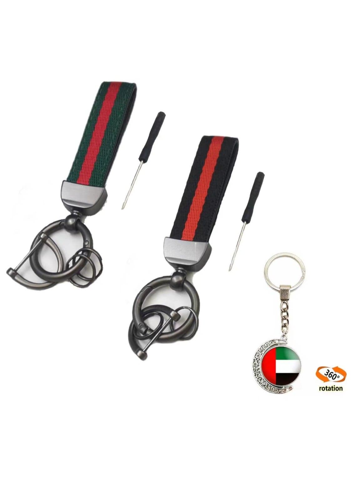 OUYoo 2 pieces Knitwear-Textured Genuine Leather Car Keychains, Universal Genuine Leather Key Fob Keychain Holders for Men and Women, with an Additional United Arab Emirates Flag Keychain.