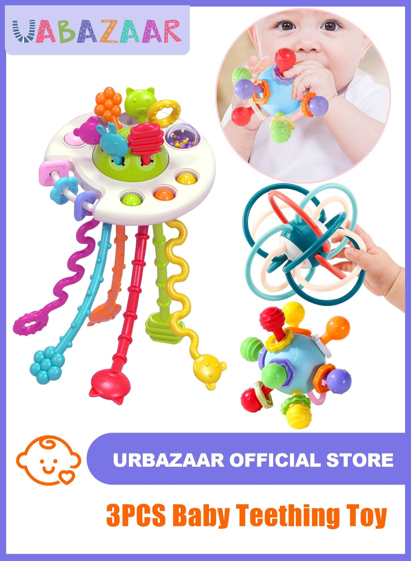 3Pcs Baby Teething Toys, Teething Toys for 3-12 Months Boys Girls, Newborn Baby Toys, Baby Rattles Toys, Sensory Chew Toys, 1 Year Old Baby Shower Gifts