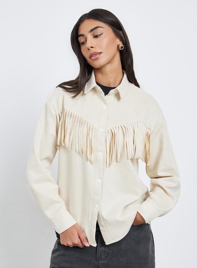 Styli Cream Tassel Trim Suede Look Shirt
