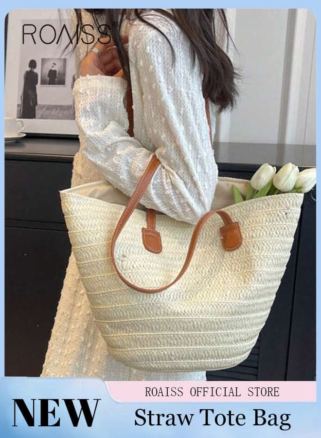 Women's Straw Woven Shoulder Bag, Summer Beach Travel Crossbody Handbag, Classics Satchel Purse Woven Handbags, Ladies Straw Shopper Tote Bag with Zip Woven Basket Bags, Beige