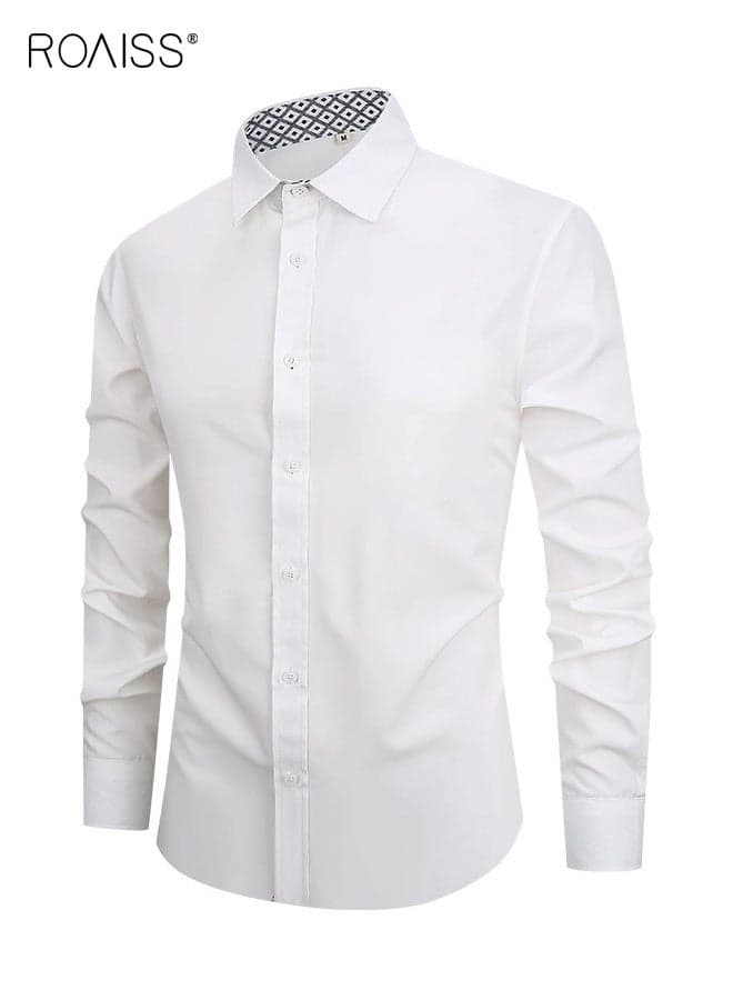 Men's Slim-Fit Wrinkle-Free Long-Sleeved Shirt, Breathable Button-Down Collared Shirt, 92% Polyester 8% Spandex, Suitable for Business, Commuting, White