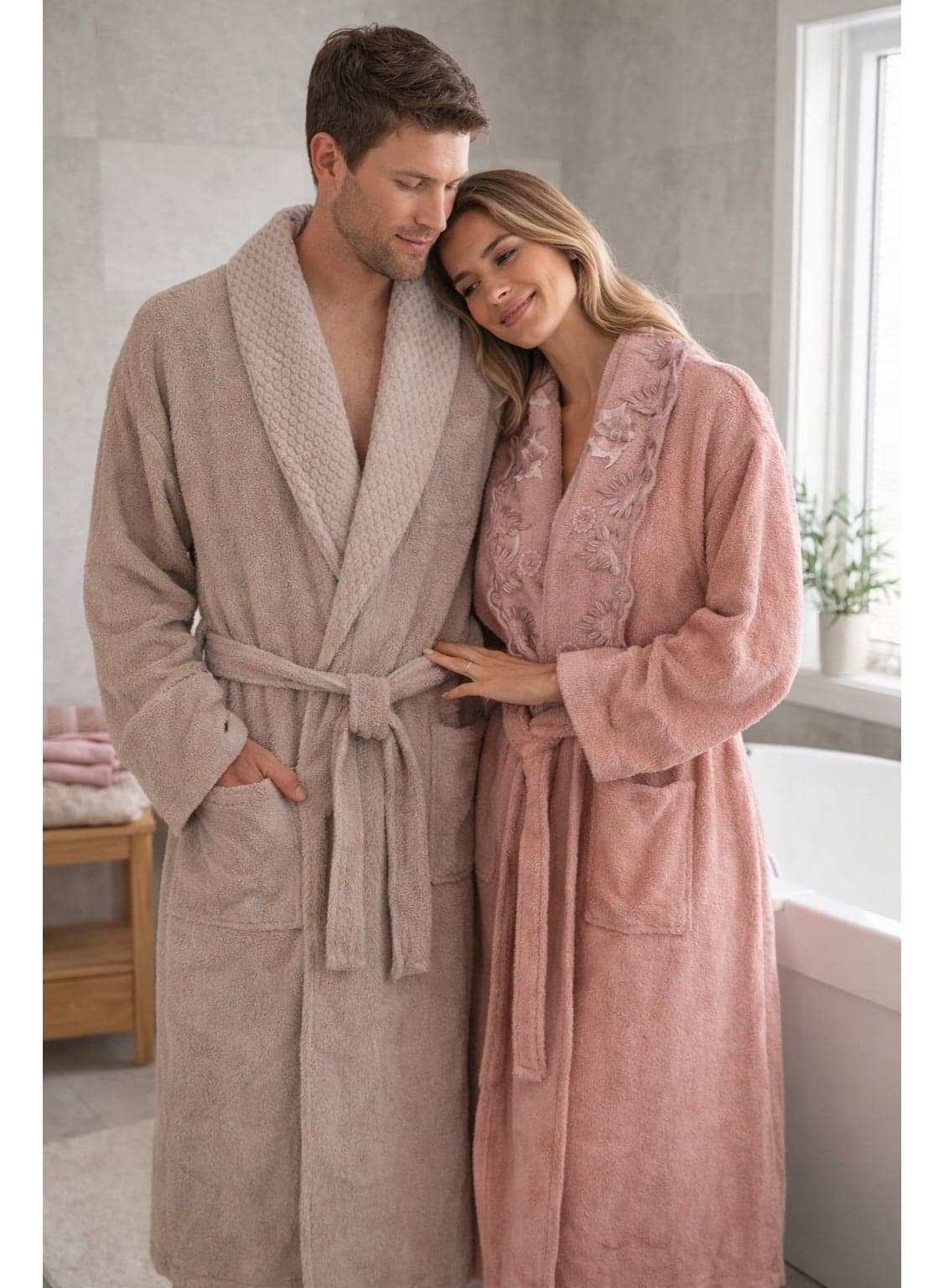 Safi Plus 2 Piece Couple Bathrobe & 4 Piece Towels Set - Premium Quality, Soft & Absorbent Turkish Cotton, 6-Piece Family Pack (Taupe/Powder)