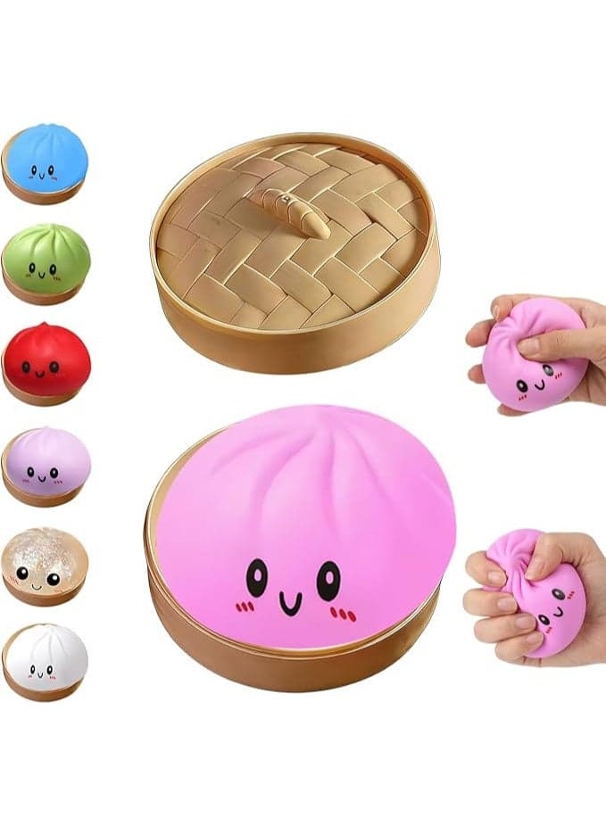 Dumpling Squishies Toy, Giant Glitter Dumpling, Colorful Steamed Bun Stress Balls Fidget Sensory Toy,Squeeze Dough Ball Stress Relief Hand Toys with Food Steamer Stretchy Desk Toys (Pink)