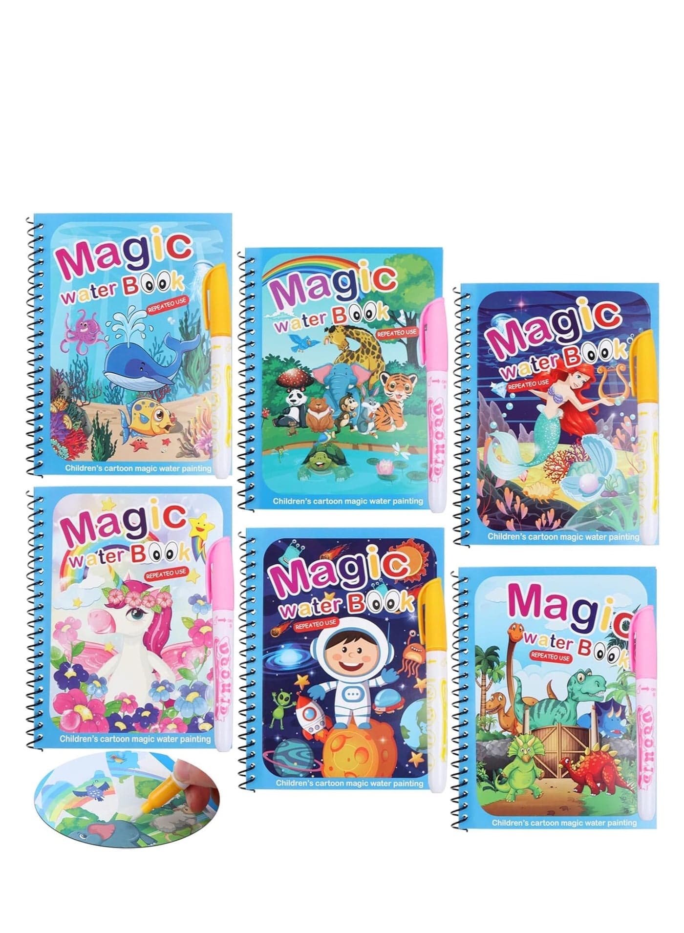 6 Pack Magic Water Coloring Book, Magic Painting Books with Water Pen Mess Free Coloring Books for Toddler 2-4Years Reusable Coloring Book-Children