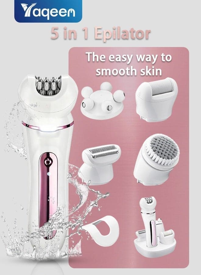 Yaqeen 5-in-1 Electric Epilator for Women - IPX7 Waterproof Wet & Dry Hair Removal Kit | 90min Cordless Use | Includes Shaver, Trimmer, Massager & Callus Remover | Safe for Sensitive Skin, Face, Legs & Underarms