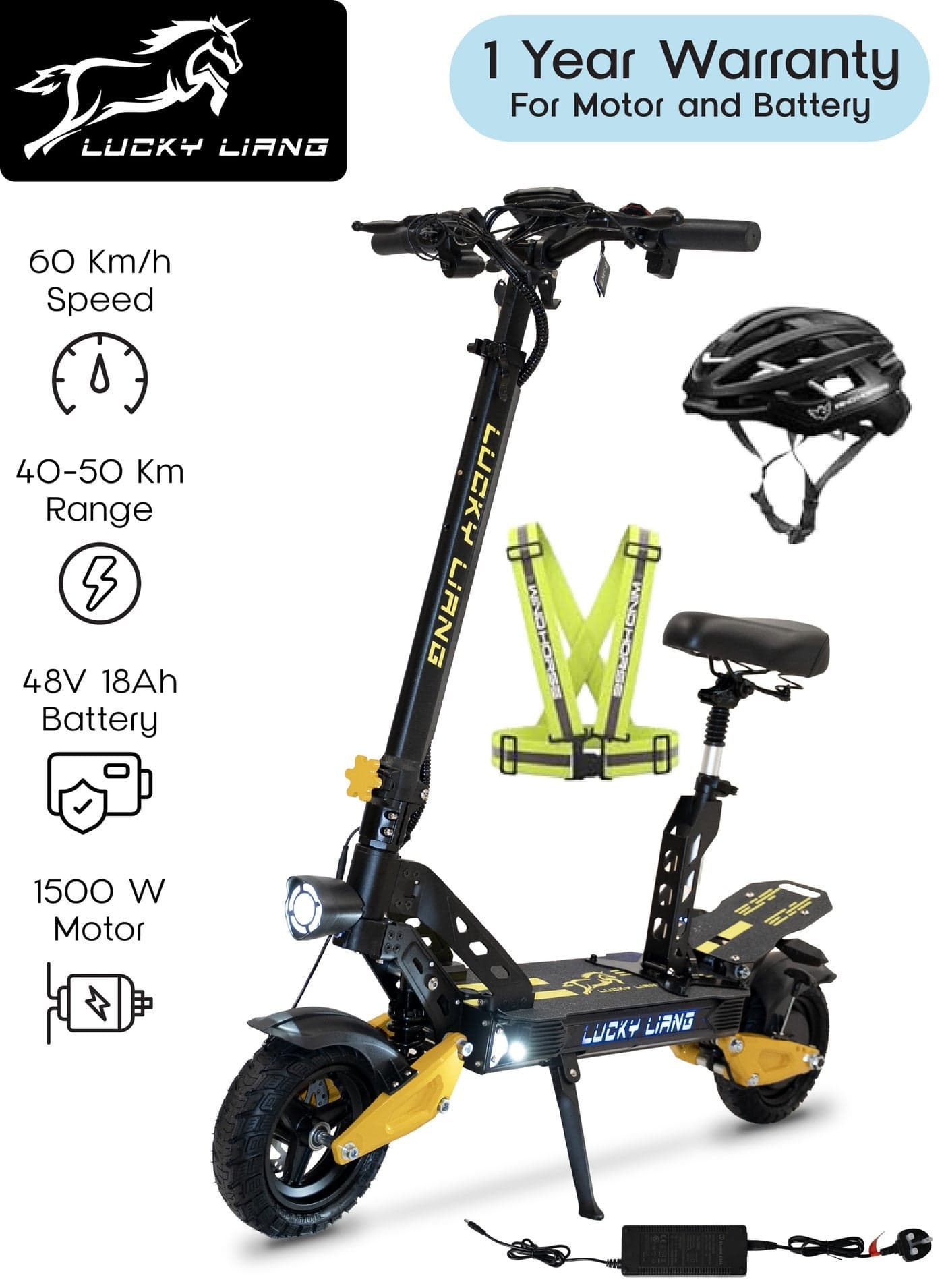 Lucky Liang L2 Pro with Seat Electric Folding Scooter, 1500W Motor, 48V 18Ah Battery, 10-Inch Off-Road Tires, 50KM Range, 60KM/H Speed, Rear Suspension, 3-Speed Modes, Digital Display + Free Helmet & Vest