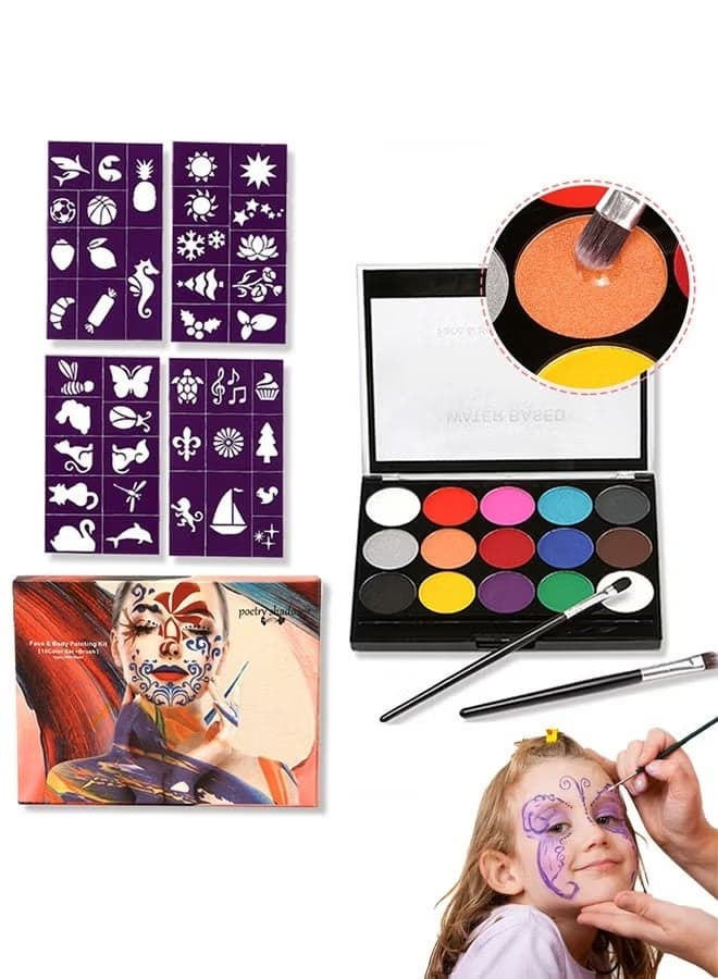 Face Painting Kit for Kids - 15 Color Large Water Based Makeup Paints with Stencils, 2 Brushes, Makeup Kit, Safe Professional Body & Face Paint Kit
