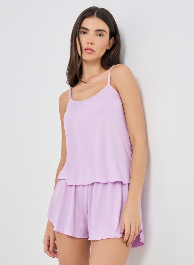 Solid Strappy Top And Shorts Pyjama Set