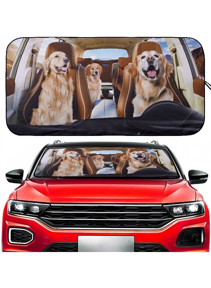 Car Windshield Sun Shade, Car Sun Shade Sun Visor for Car Front Windshield, Foldable with Storage Pouch,UV Protection Keep Vehicle Cooler 150cm*70cm -Golden Retriever Dog