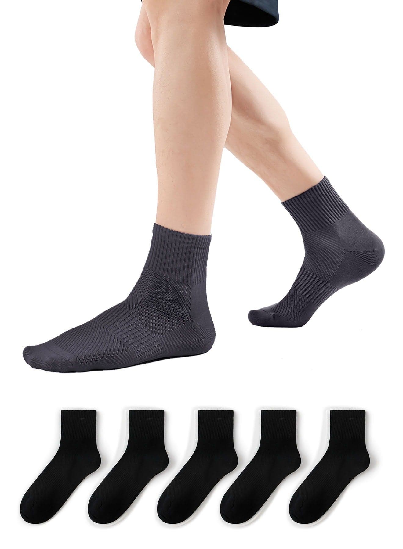Men's Mid-Crew Cotton Socks with 10A Antibacterial & Breathable Mesh - 95% Cotton, Seamless Toe Design for All-Day Comfort (5-Pack, Pure Black)