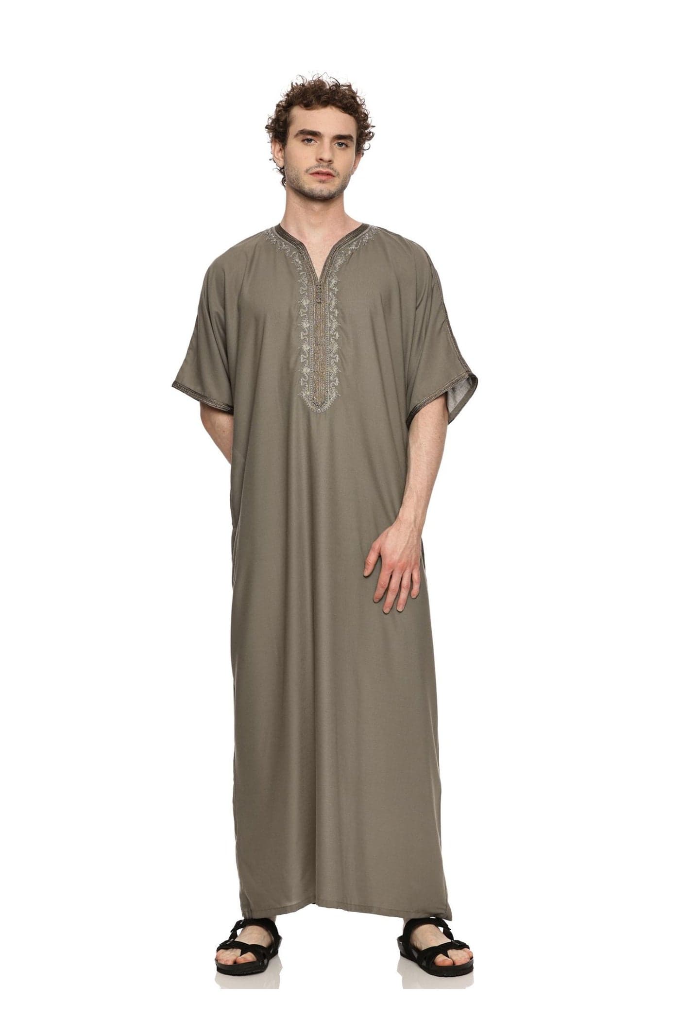 Moroccan Men's Thobe | Embroidered Half Sleeve Kaftan | Round Neck Magribi Jalabiya For Mens | Comfortable Islamic Thobe for Daily Wear