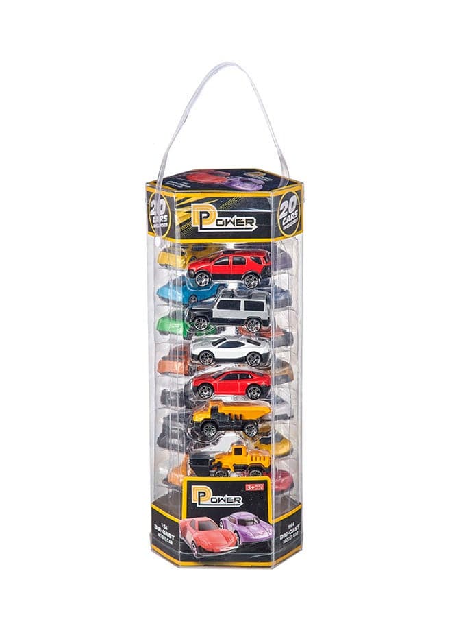 D-Power Diecast Cars Pack: 1:64 Scale Metal Alloy Die-cast Vehicles Collection with Storage Carrying Tub 20-Piece Multicolour | Built with a durable die-cast alloy body, these vehicles are designed, for playtime, ensuring long-lasting excitement for kids of all ages-ASSORTED