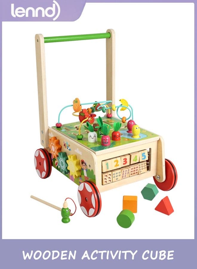 Wooden Activity Cube 7-in-1 Montessori Toy Multipurpose Educational Learning Toy for 1+ Year Old Baby Toddler Kid Boy First Birthday Gift Bead Maze Gear Number Animal Board Carrots Harvest Game