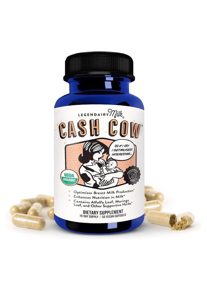 Cash Cow Lactation Supplement, Moringa, Alfalfa, and Goat's Rue Breastfeeding Supplement for Milk Supply Increase, Fenugreek-Free, Certified Organic, Vegan, Non-GMO, 60 Capsules