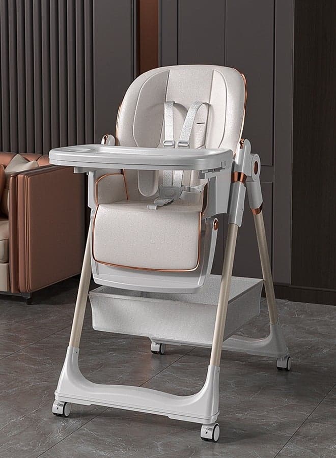 Baby High Chair, Foldable Feeding Chair for Infants and Toddlers, Kids Dining Chair with Double Tray, Reclining Backrest, 5 Height Levels, Wheels, Storage Basket, Removable PU Leather and Belt