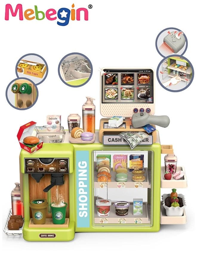 Fun Supermarket Toy Set with Coffee Machine and Dessert Counter, Coffee Dessert Shops and Hamburger Shops Playset with Touchscreen Ordering Function, Creative Play House Toys, Educational Gift for Kids, Ideal Gift for Kids Aged 3+