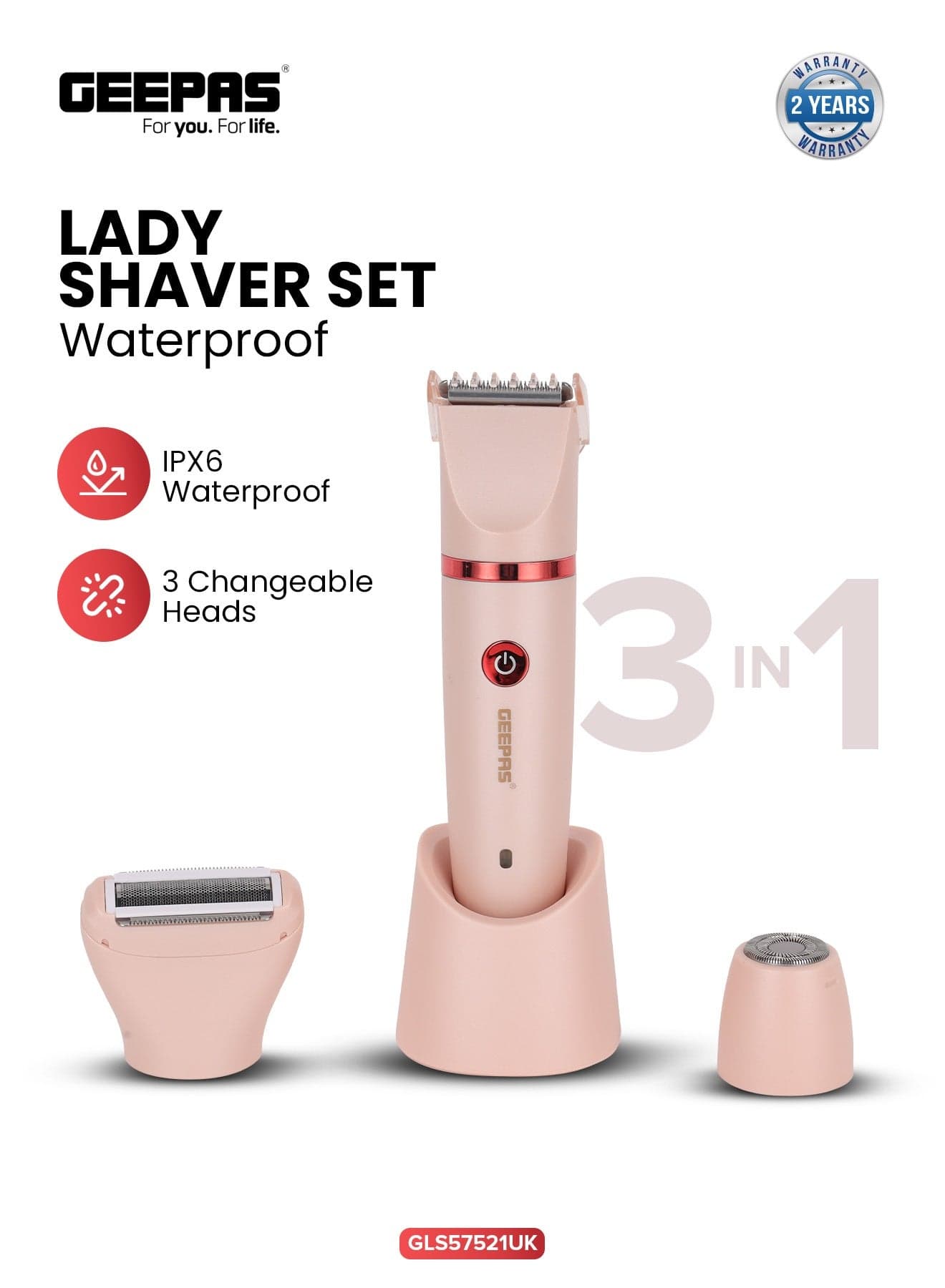 3 In1 Waterproof Lady Shaver Set | Lithium Battery , LED Indicator | 3 Changeable Heads, 2 Comb Attachment | GLS57521UK