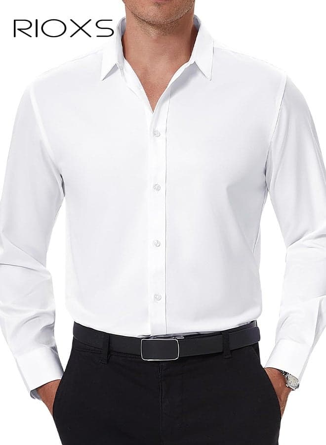 Men's White Dress Shirt, Stand Collar Long Sleeve Formal Shirt with Lightweight Breathable Fabric, Business Casual Office Wear, Slim Fit Button Down Shirt for Men, All Season Versatile Dress Shirt, Wedding Guest Formal Shirt, Gala Dinner Appropriate Attire