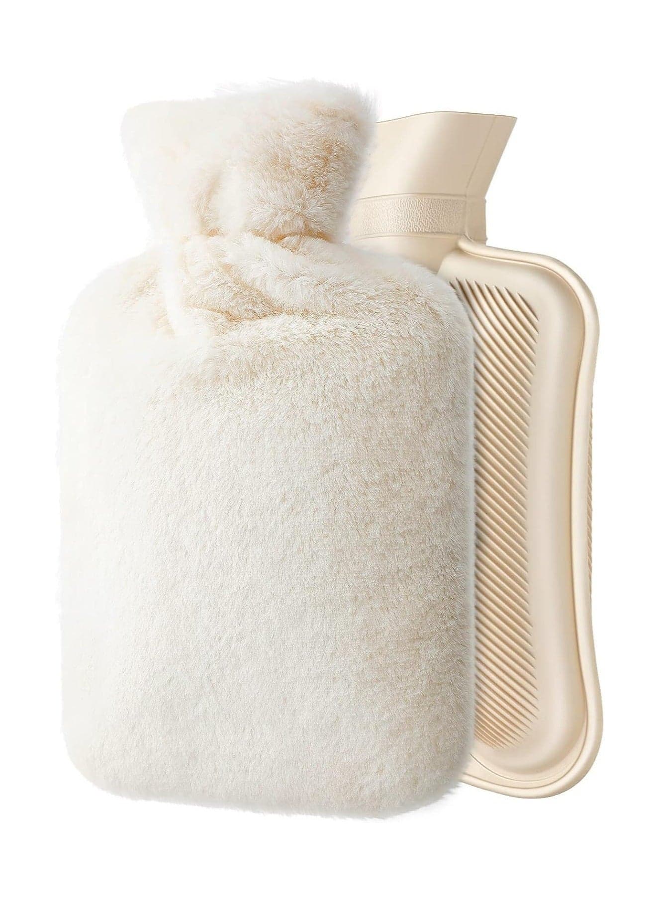 Hot Water Bottle with Soft Fleece Cover, 2L Hot Water Bag for Cold & Hot Therapy, Pain Relief, Back, Neck, Period Cramps (Beige)