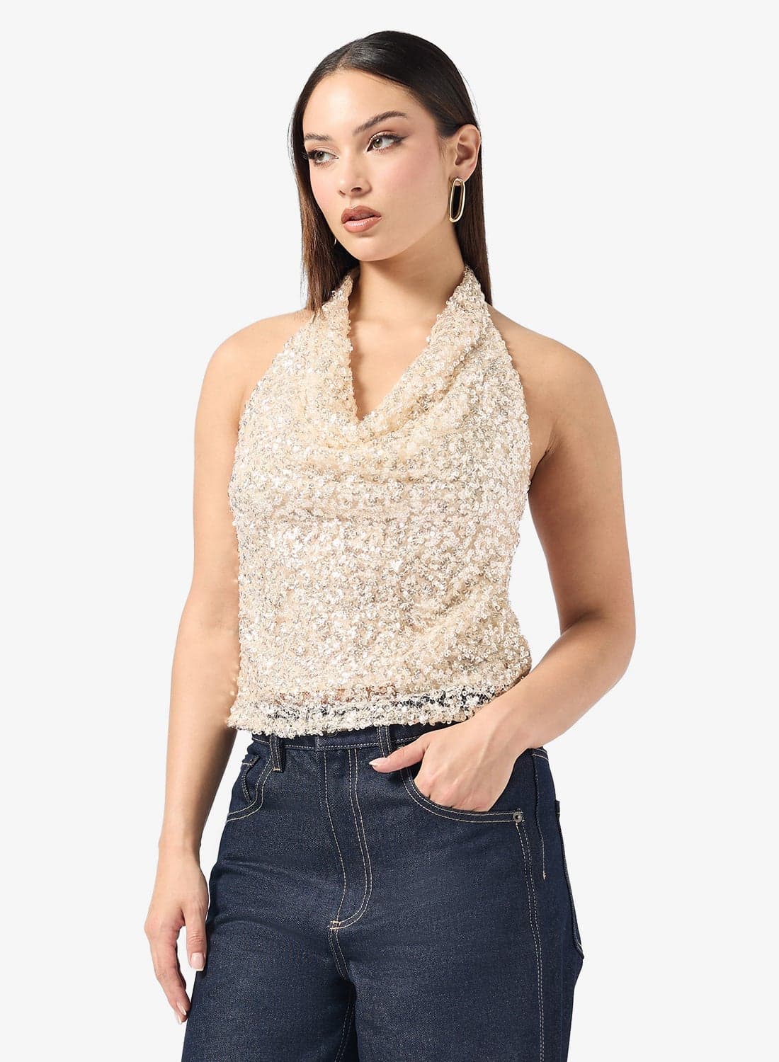 Halter Neck Sequin Embellished Top