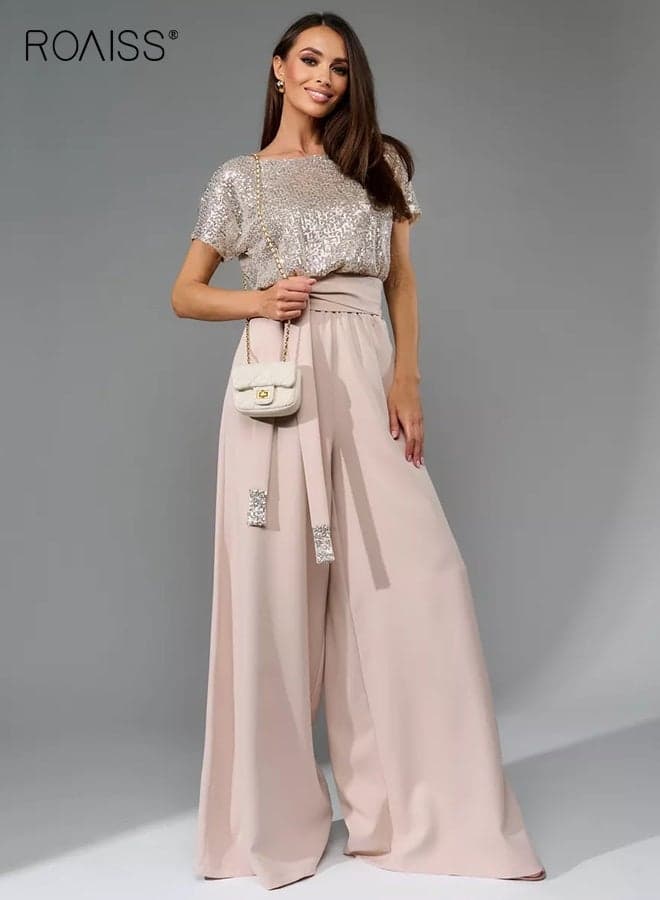 Women Stylish Jumpsuits with Side Pockets, Short Sleeve Wide Leg Romper with Sequin Design, Elegant Dressy One Piece Outfits for Ladies, Suitable for Daily Wear or Any Outdoor Activity