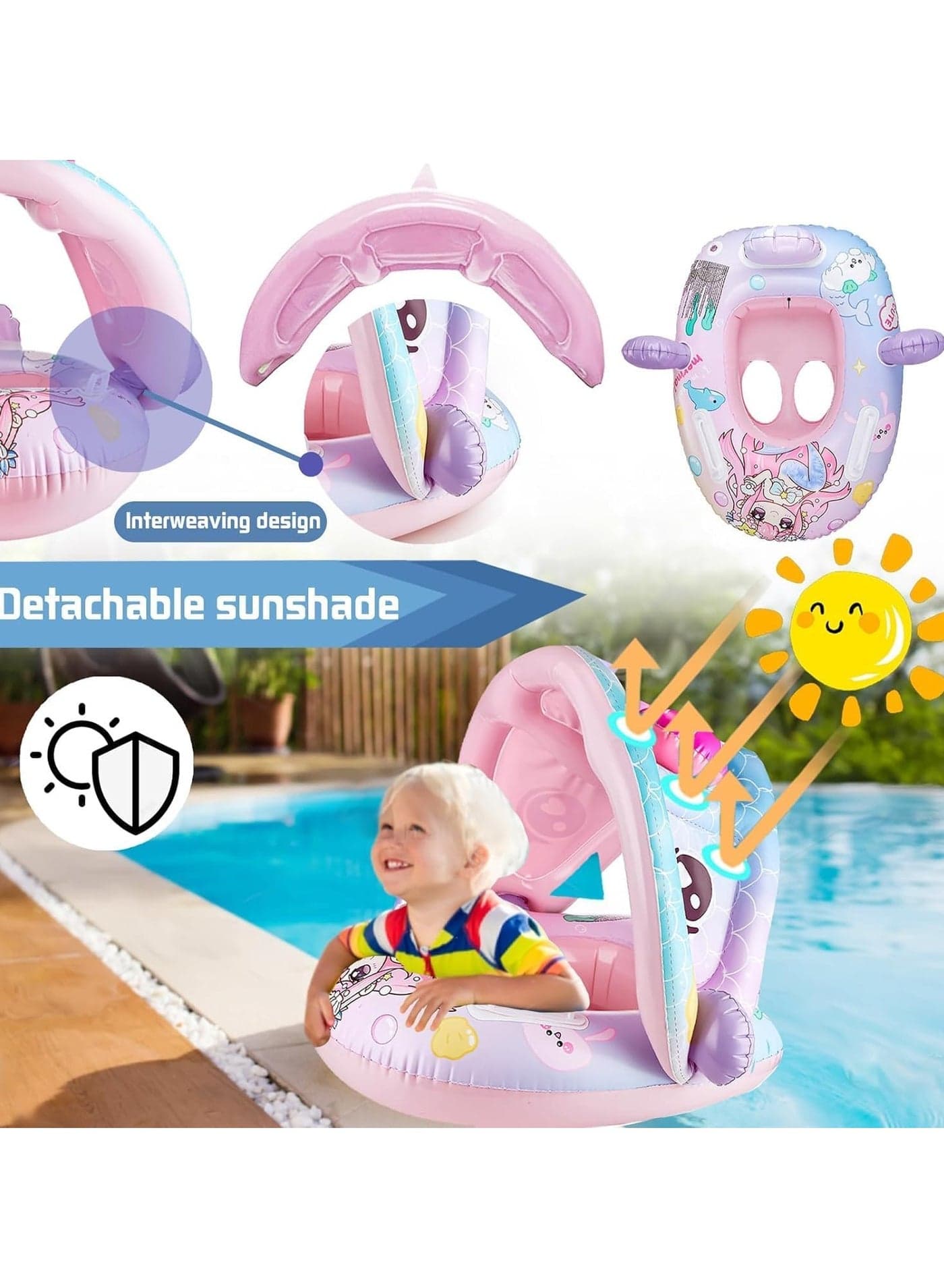 Baby pool float, Swimming Pool Float Boat with Sun Protection Canopy Inflatable Pool Float Yacht Ring Awning Inflatable Swimming Training Float Seat for Boys Girls Summer Outdoor Party Favor (Pink)