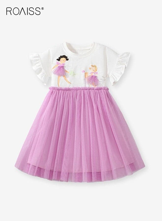 Girl's Summer Dress with Adorable Patterns and Tulle Hem, Cotton Ruffled Short Sleeve Dress, Casual Stylish Sundress for Little Girls, Suitable for Daily Wear or Any Occasion