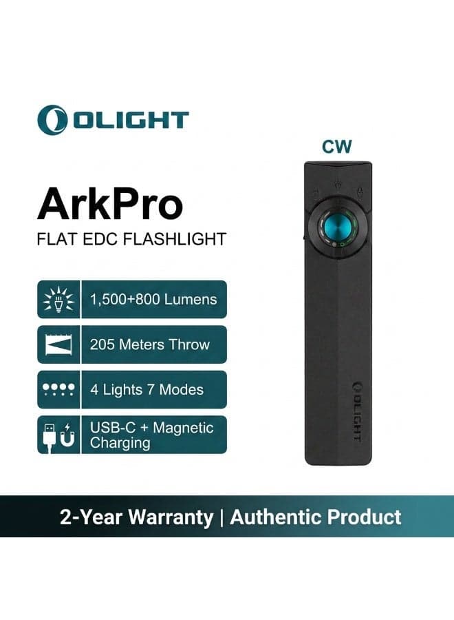 Olight ArkPro Class 3R (Matte Black) CW, 1500 Lumens EDC Flashlight, 205m Beam LED Light with UV and Green Laser, for UV Detection, Pointing, Home Use