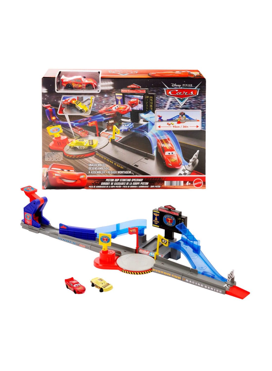 Disney Cars Playset & Toy Car, Tongue-Out Lightning McQueen & Crushed Car, Piston Cup Stunting Speedway Track Set Includes