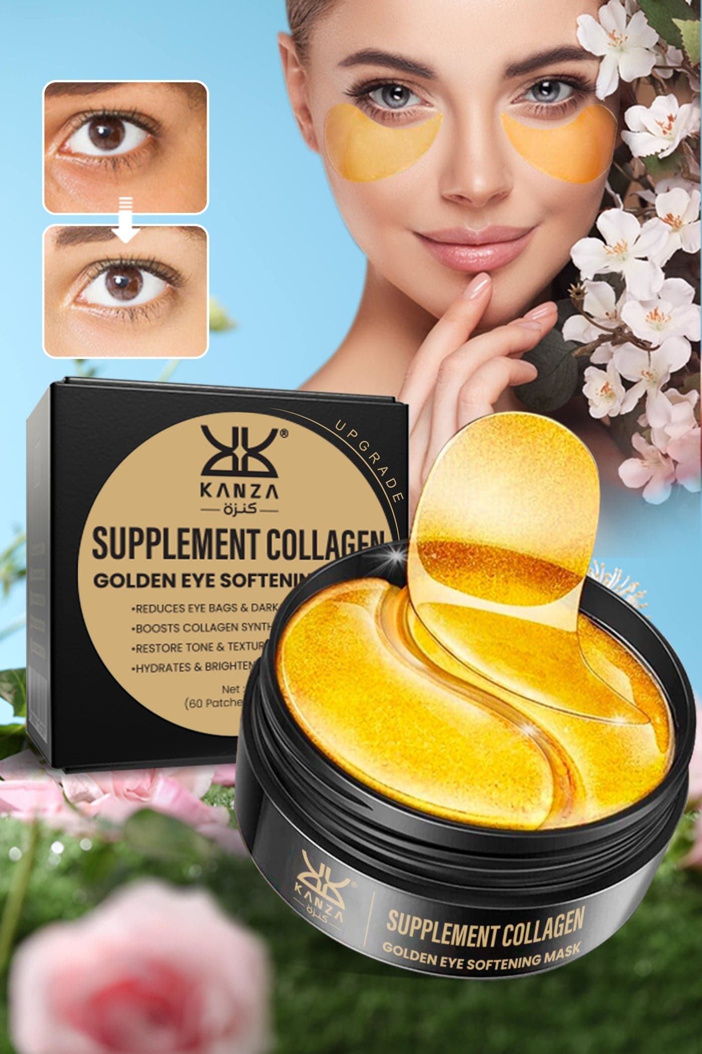 60 Pcs Supplement Collagen Eye Mask (30 Pairs) Under Eye Pads for Eye Bags & Anti-Aging Treatment Reduces Dark Circles Puffiness Wrinkles with 24K Pure Gold Essence Eye Skin Lifting Patches
