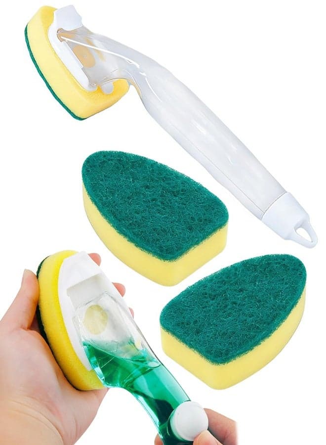 Soap Dispensing Dish Scrubber with Refill Sponges, Non-Scratch Dishwand for Kitchen Dishes Pots Pans