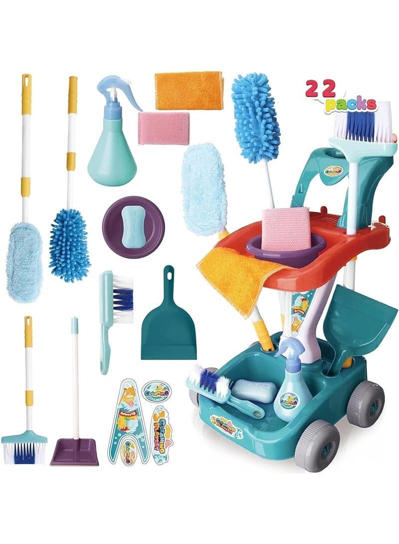 22 PCS Kids Cleaning Set, Pretend Play Housekeeping Cart with Broom, Mop, Spray Bottle and More, Cleaning Supplies Toys for Baby Toddlers 3+ Years Old