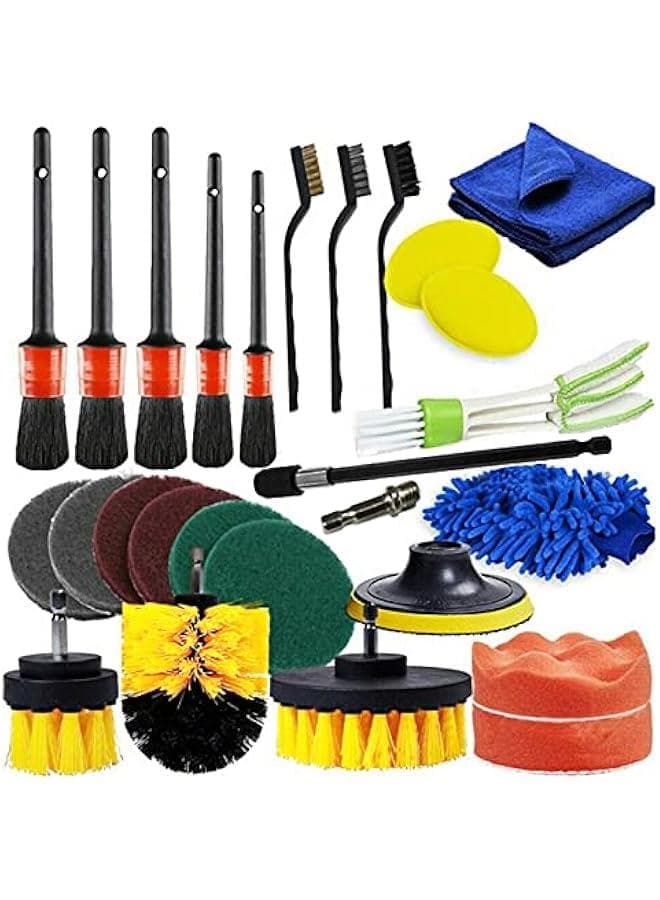 26 PCS Drill Brush Attachments Car Detailing Brush Kit for Auto Exterior and Interior Includes Scrub Pads Sponges Detailing Brushes Washing Mitt Air Vent Brush Cleaning Cloth Household Clean