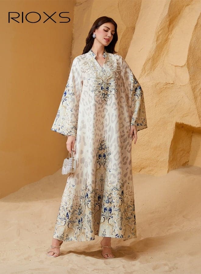 Women's Muslim Dress, Diamond Ironing Arabian Dresses, Stylish Leopard Print Dress, Ladies Islamic Robe Maxi Clothes, Elegant Evening Dress, Arab Formal Dresses, Muslim Abaya Dress for Parties Festival and Special Occasions, Faint Yellow Womens Dresses