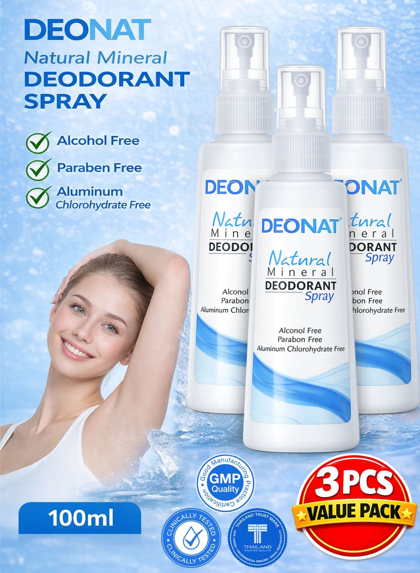 Pack of 3 DEONAT Natural Mineral Deodorant Spray 100ml Each Alum Deodorant Body Odor Control Anti Odor Bacteriostatic Protection Eliminates Odor Causing Bacteria Long Lasting Freshness Non Sticky Quick Dry Lightweight Underarm Deodorant Spray for Men and Women Value Pack Daily Use
