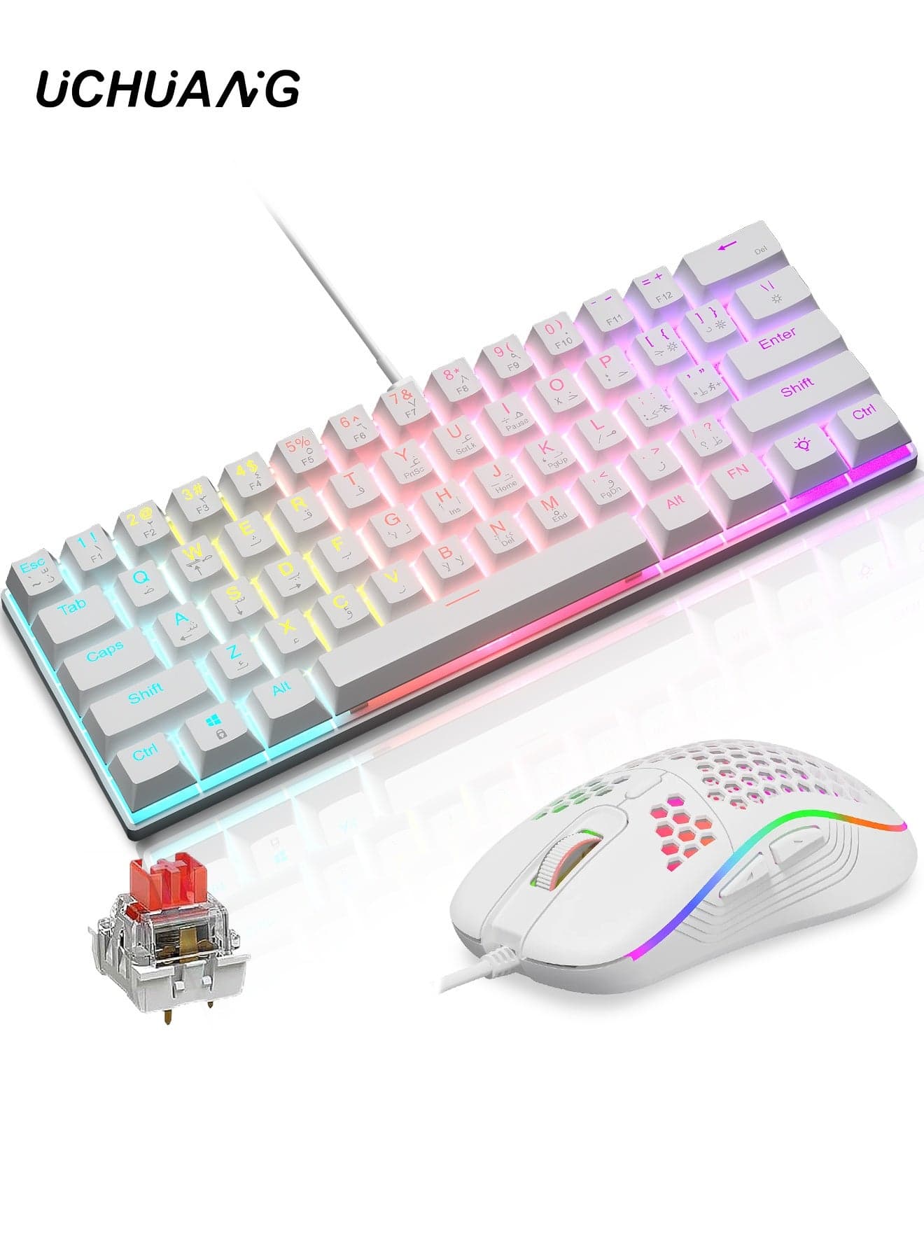 60% Gaming Keyboard Red Switch and Mouse Combo, Ultra-Compact 61-Key RGB Backlit Mini Keyboard, Lightweight 7200 DPI Honeycomb Optical Mouse, RGB Wired Gaming Set for PC PS5 Xbox Gamer(White)