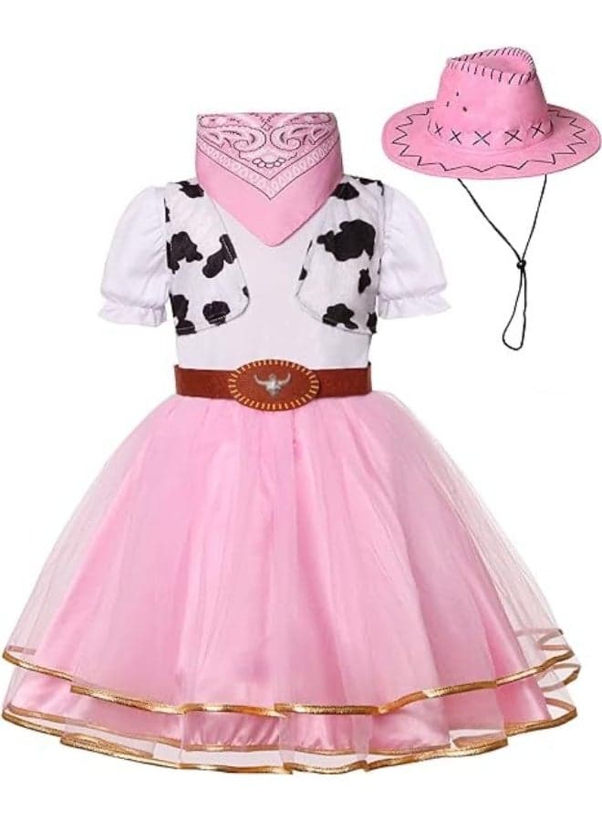 Home Smart Cow Girl Costume Dress for Girls Cosplay Outfit with Hat Belt and Red Scarf for Festival Performance Photography and Party Favor (Pink)