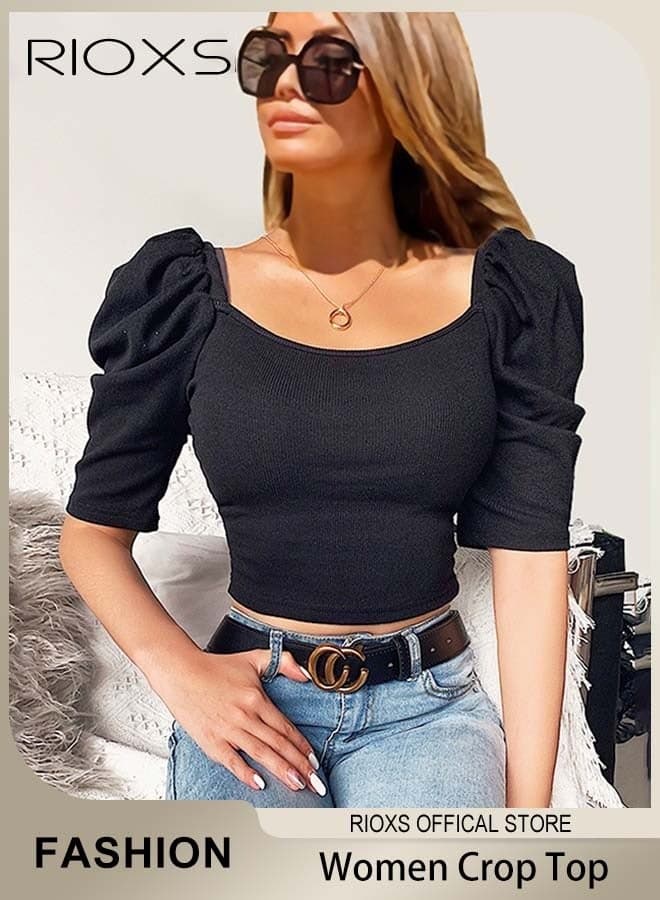Women's Puff Sleeve Crop Top Elegant Square Neck Shirts Half Sleeve T-Shirts Tee