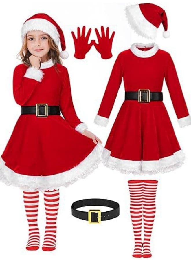 Children’s Christmas Santa Dress Costume – Red Velvet Long-Sleeve Dress with Fur Trim, Hat, Belt, Gloves & Striped Stockings Holiday Set (Size 110 cm, 4–5 Years)