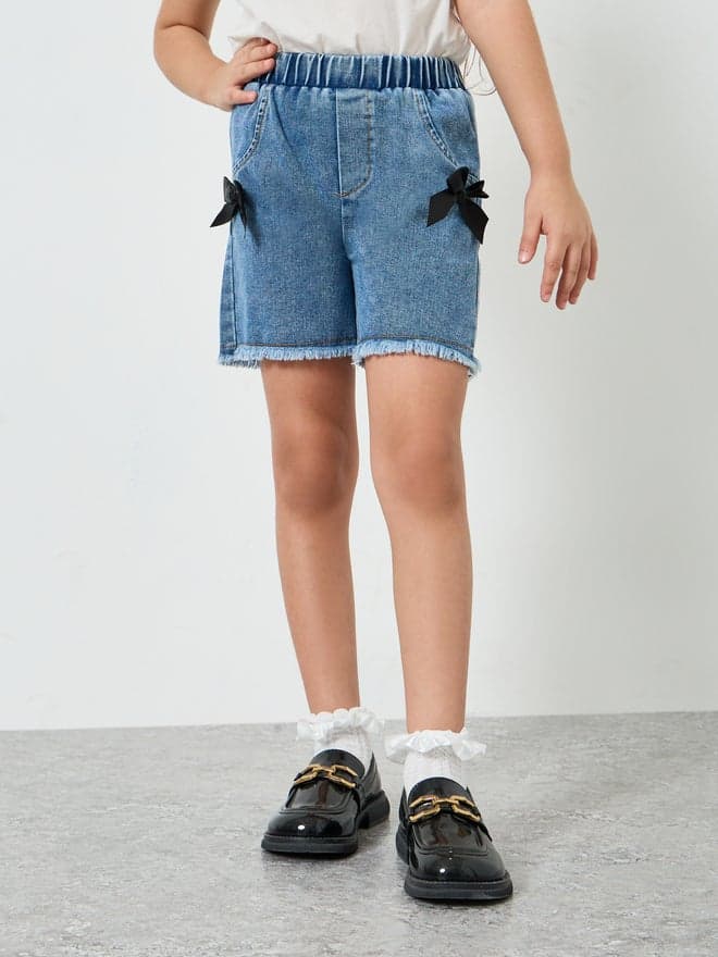 Styli Girls Denim Shorts with Bow Applique