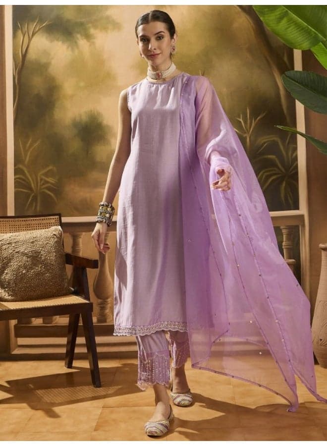 Lavender Sleevessless Kurta Sharara With Organza Sequinned Dupatta