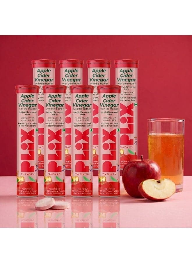 Apple Cider Vinegar Tablets | Craving Control & Detox | ACV with The Mother, Vitamin B6 & B12 | Supports Metabolism & Gut Health - 120 Effervescent Sugar-Free Tablets (Pack of 8, Apple)
